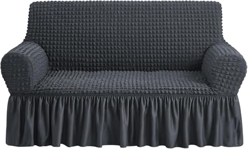 Image of Bails Sofa Cover 2 Seater Fully Covered | Sofa Cover 3 Seater Fully Covered | Sofa Cover 2 Seater | Universal Elastic Bubble Fabric with Frill Sofa Protector Cover (Grey, 2 Seater)