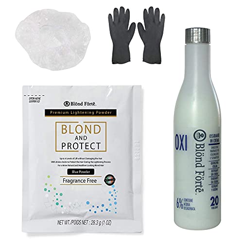 DIY Hair Lightening Kit – Hair Lightener, 30 Volume Developer, Nitrile Glove & Processing Cap – Perfect for for Light, Dark Brown Hair, & Black Hair – 8+ Levels of Lift (Made in Italy) (White Powder)