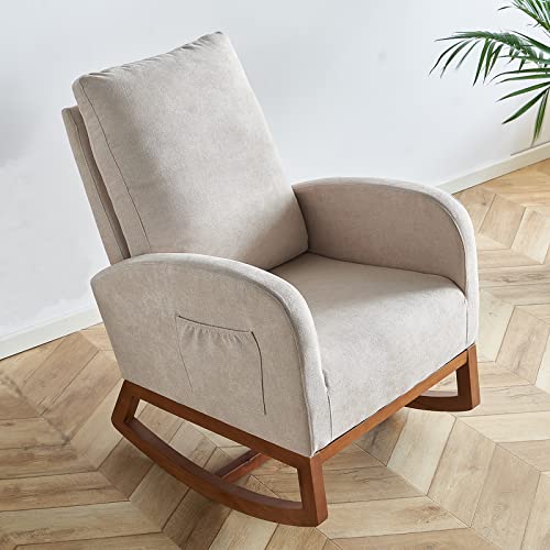 Calabash Rocking Chair Nursery,Modern Comfy Armchair With Side Pocket,Mid-Century Upholstered Glider Rocker Chairs For Baby/Kids Room And Living Room (New Beige) #TOP29