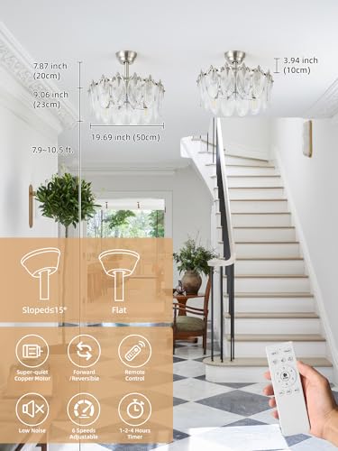 Image of 20 Inch Silver Crystal Fandelier Ceiling Fan with Light, Mid Century Silver Fandelier Ceiling Fans with Lights Remote Control, Caged with 6 Speeds for Bedroom, Nursery, Living Room