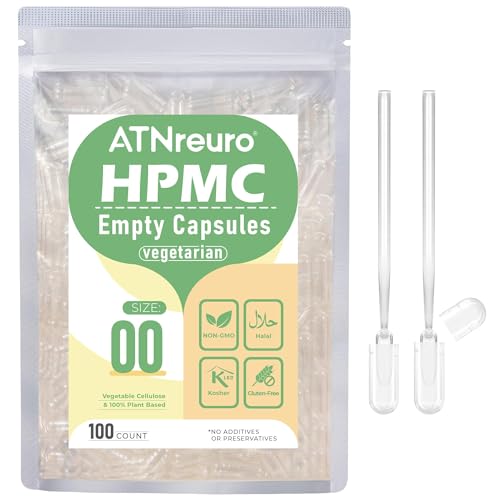 ATNreuro Vegane Leerkapseln Größe 00 (100 Stück) Leere Kapseln zum Befüllen HPMC Kapselhülle mit 2 Mikrolöffeln Transparent Vegan Vegetarisch Kompatibel mit Kapselfüller Größe 00