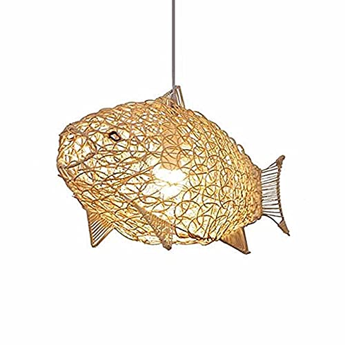 MIXL - Fish-Shaped Rattan Woven Pendant Light,1-Lights Boho Fish Lighting,Natural Weaving Wicker Light Fixture,Rustic Farmhouse Rattan Chandelier for Dining Room Living Room Bedroom Kitchen