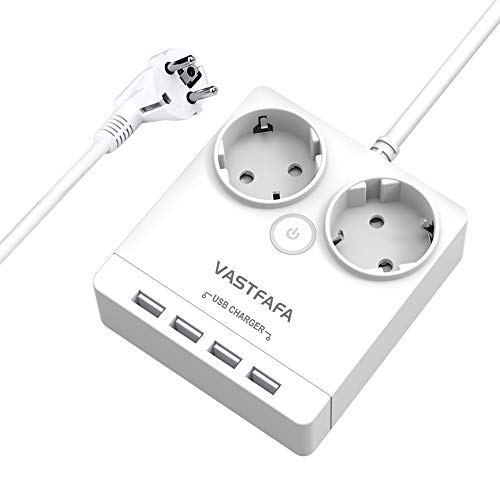 Adaptador de Enchufe VASTFAFA QG220-4U Cargue el teléfono Conecte los electrodomésticos Un Paquete (2X + 4xUSB, Blanco)