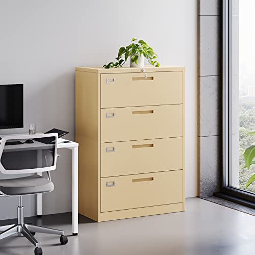Bynsoe 4 Drawer Lateral File Cabinet Metal Filing Storage Cabinet With Lock Office Home Steel Lateral File Cabinet For A4 Legal/Letter Size Wide File Cabinet Locked,Assembly Required (Yellow 4 Drawer) #TOP1