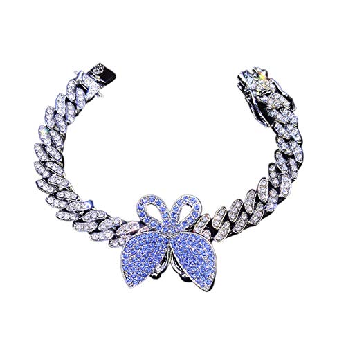 Butterfly Cuban Bracelet Cuban Link Bracelets Pave Iced Out Crystal Bling Butterfly Bracelets Gold Silver Color CZ Butterfly Bracelet Bangle for Women Girl Hip Hop Rapper Jewelry-Blue
