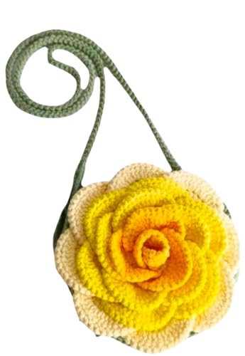 Image of Handmade Crochet Rose Sling Bag, Yellow Orange Cream Flower Crossbody Purse with Green Strap, Cute Party Bag for Kids Teens Adults