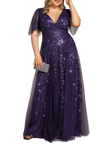 Image of Ever-Pretty Women's Sequin V Neck Plus Size Formal Dresses Evening Gown | Short Sleeve, A-Line, Empire Waist, Plus Size Mother of the Bride Dresses, Plus Size Gala Dress