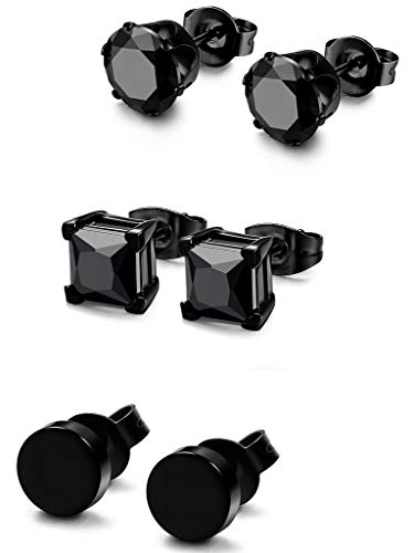 FIBO STEEL 3 Pairs Stainless Steel Black Stud Earrings for Men Women Hypoallergenic Mens Earrings Stud Set, Black Silver Square Round Diamond CZ Studs Earring Pierced 3mm-8mm