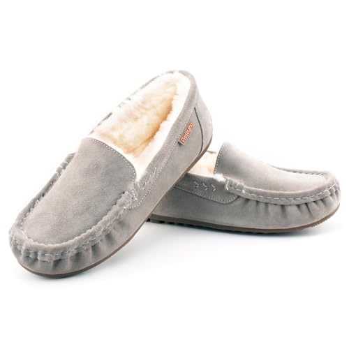 Parfeying Women's Sheepskin Moccasin Slippers Cow Suede Memory Foam Driving Style Indoor Outdoor Loafers,L20102 Grey 9.5US