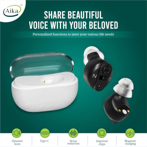 Image of Aika Mini Rechargeable CIC Digital Hearing Aid Sound Amplifier Machine for Old age with Auto Noise Cancellation, Clear Sound and Dry Kit (For Single Ear, Black, with Dry Kit and 1 Year Warranty)