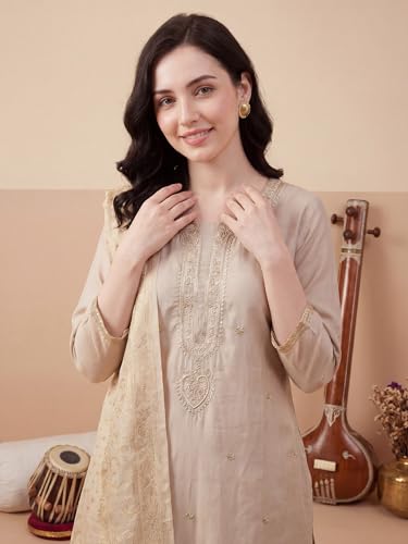 Image of INDO ERA Women's Silk Blend Paisley Embroidered Zari Work Kurta & Pant with Dupatta Set (IEBBAI389)