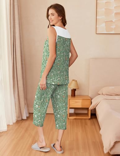Image of Ekouaer Capri Pajama Sets for Women 2 Piece Soft Cute Pjs Round Neck Sleeveless Lounge Set for Summer Sleepwear S-XXXL