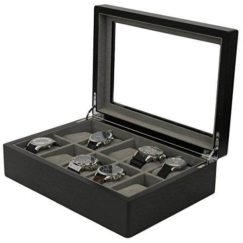 Tech Swiss Watch Box Black Wood 10 Slots Case Storage Glass Window Display