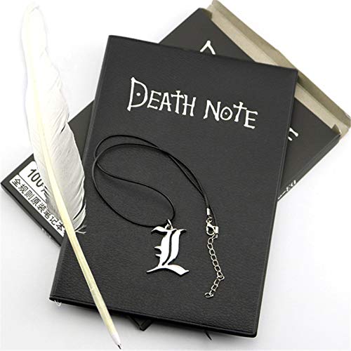 QH A5 Anime Death Note Notebook Set Leather Journal And Necklace Feather Pen Journal Death Note Pad For Gift D40 (Color : 01, Size : A5 Death Note Set)
