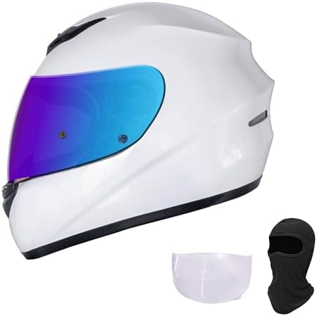 KRN Full Face Motorcycle Motorbike Helmet with Color Visor DOT Approved- Helmet & Balaclava & Clear Visor Gloss White