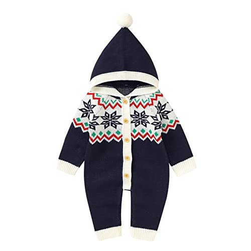 Toddler Size Hoodie Newborn Infant Boy Girl Christmas Snow Knitted Sweater Baby Hooded Jumpsuit (Blue, 6-12 Months)