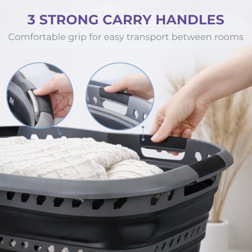 Image of Laundry 360 Collapsible Laundry Basket 40L | Portable | Space Saver Storage | Hold 2 Loads | Store Under the Bed or Closet | Good for Kids | Dorm | Bedroom | Large | Grey /Black