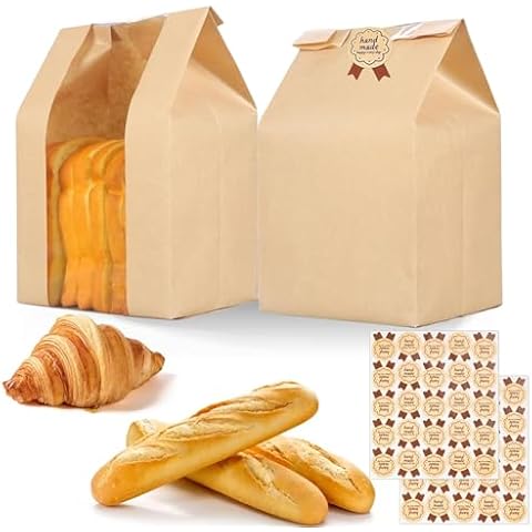 50 Pcs Bread Bags for Homemade Bread,Kraft Paper Large Bakery Bread Bags with Window for Bread Storage,Bakery Packaging Bags for Cookies, Bread, and Treats (Brown-50pcs) Cover