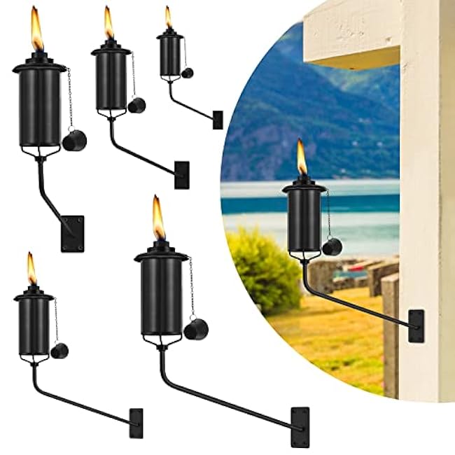 Wall Mounted Citronella Torches Set of 6, 16 oz Garden Torches for Outside, Refillable Flame Light Torch, Outdoor Metal Torch for Yard, Patio, Deck, Garden, Party, Landscape