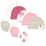 Hudson Baby Unisex Baby Cotton Cap and Scratch Mitten Set, Blush Rose Leopard, 0-6 Months