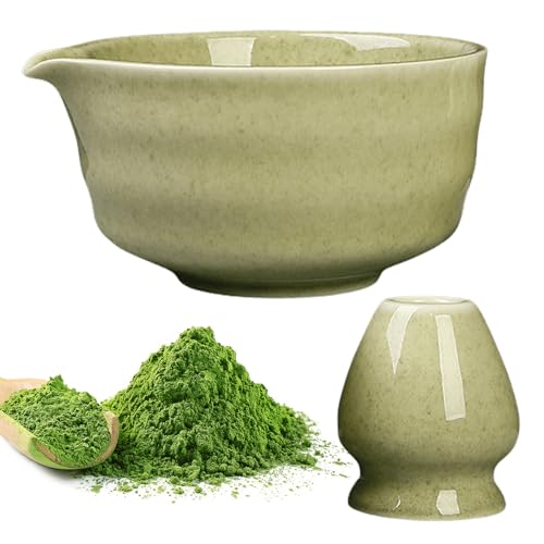 Leikurvo Juego de té matcha con cuenco para matcha con boquilla y soporte, juego de té matcha tradicional japonés de cerámica para la preparación perfecta, regalo para los amantes del matcha (verde)