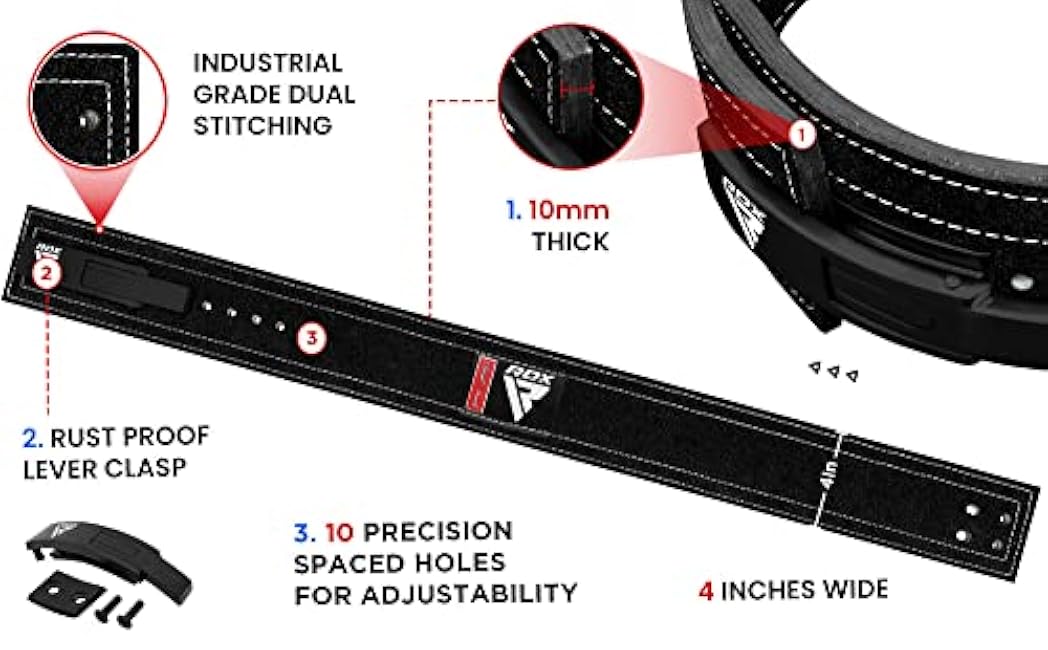RDX Weight Lifting Belt Powerlifting, Approved By IPL and USPA, 10mm Thick 4 Leather Lumbar Back Support, Lever Buckle Gym Strength Training Equipment, Bodybuilding Deadlifts Squats Workout Men Women