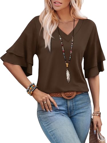 Image of OFEEFAN Spring Tops for Women Boho Shirts Fashion Clothing Cute 3 /4 Length Sleeve Blouses Dressy Casual Summer Outfits