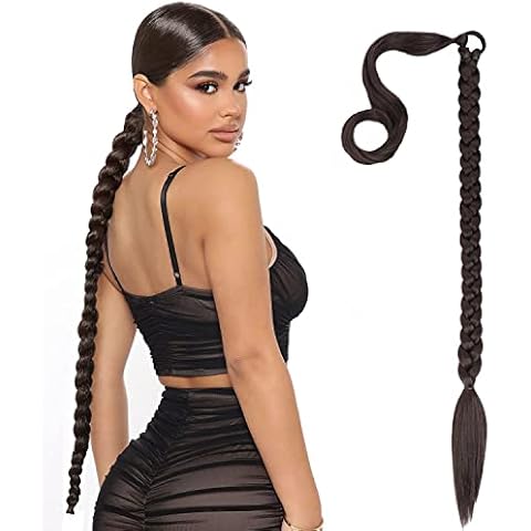 Wrap Around Ponytail Extension Human Hair, 80cm Braided Ponytail Extension with Hair Tie Straight Natural Soft Synthetic Hair Piece for Women Daily Wear (Black Brown) Cover