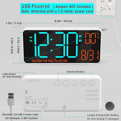 Image of KOSUMOSU Small Digital Clock for Bedroom, 6.7in Desk Clock, Auto Dimming, Room Temperature, Day of The Week, Date, Seconds, Alarm Clocks for Bedrooms, Clocks for Living Room
