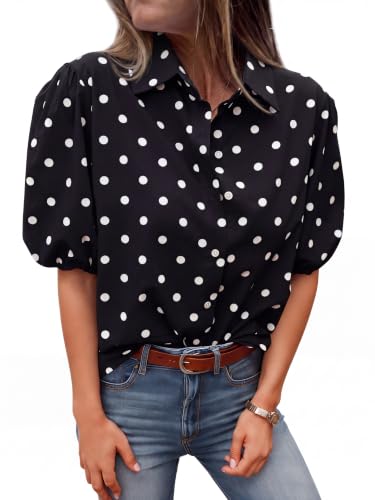 Image of Tankaneo Womens Button Down Shirts Puff Sleeve Tops Summer Cotton Blouses | Loose Fit, Boxy, Dressy Casual, Collared, Short Sleeve, Solid Color, Striped, Plaid, Polka Dots
