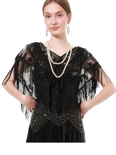 sy soul young 1920s Shawl Wrap Sequin Fringe Flapper shawl Cap for Women Evening Dress Wedding Gatsby Party Harlem Night
