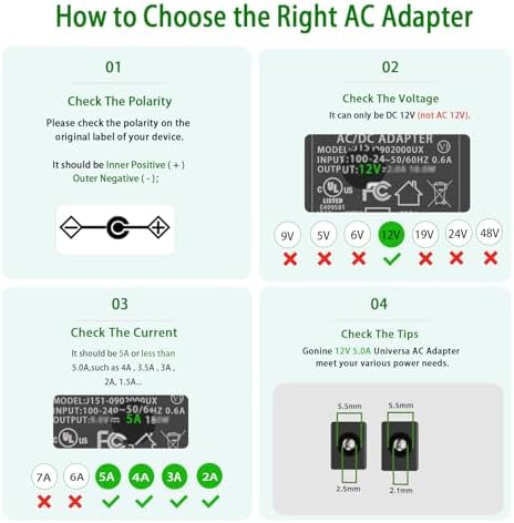 Diagram showing how to check polarity, voltage, current, and tip size for an AC adapter