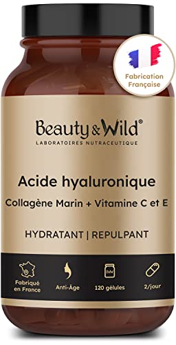 Acide Hyaluronique + Collagène Marin + Vitamine C + Vitamine E | Anti-âge | Anti-Rides | Hydratation & Élasticité de la peau | Made in France | 120 gélules - 2 mois de cure | Beauty & Wild