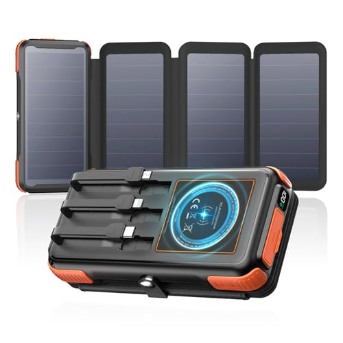 A ADDTOP Solar Power Bank 25000mAh - Wireless PowerBank mit 3 Integrierten Kabelns - 20W Schnellladefunktion Ladegerät Solar mit 4 Panels - USB C Externe Handyakkus für Outdoor Camping