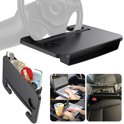 2-in-1 Car Steering Wheel Tray | Car Seat Gap Filler Organiser | Car Tray Table for Food | Car Desk Laptop Holder | Gifts for Lorry Work Van Drivers Accessories | Car Gadgets for Men Women