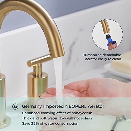 FORIOUS 2 Handle Gold Bathroom Faucet 8 inch Bathroom Sink Faucet with Pop Up Drain, 3 Hole Widespread Brushed Brass Bathroom faucets, Brushed Gold