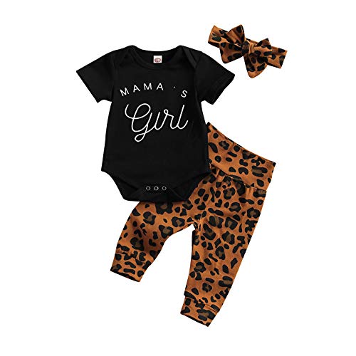 Image of Newborn Baby Girls Summer Outfits, Letter Short Sleeve Romper Jumpsuit Top+Leopard Pants+Headband Set Infant Cheetah Clothes (Leopard#Mama's Girl(Black), 3-6 Months)