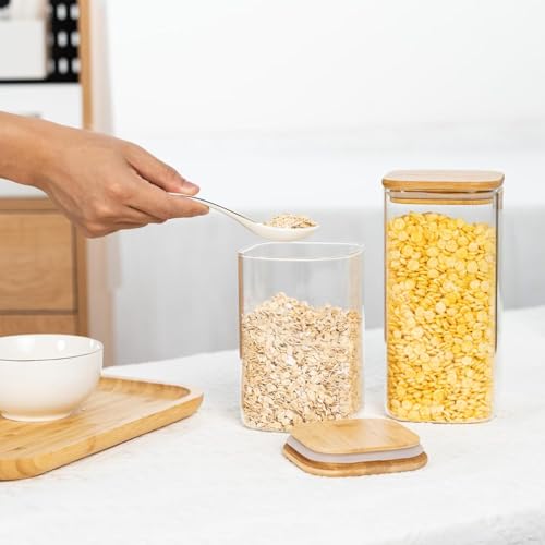 Image of MARTVIA Glass Food Storage Jars with Bamboo Lids 1200ml Set of 2, Wide Mouth Lid Jar for Home Kitchen,Flour, Sugar, Coffee, Pasta, Oats, Grains, Cookies, Snacks (Sqaure 1200 ML Jar, SET OF 2)