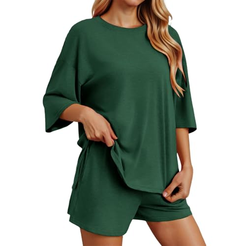 Conjunto de pantalones cortos para mujer, camiseta de cuello redondo y pantalones cortos deportivos para deportes y ropa informal de verano, cómodo y lavable a máquina. Pantalones Pantalón Corto Mujer