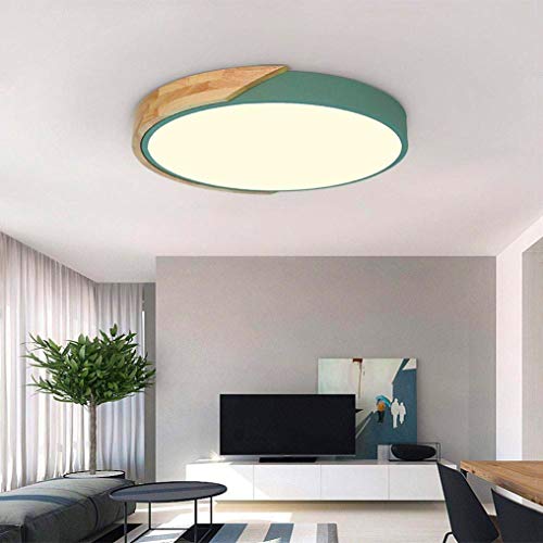 Plafonnier LED moderne macaron vert et bois dimmable avec télécommande