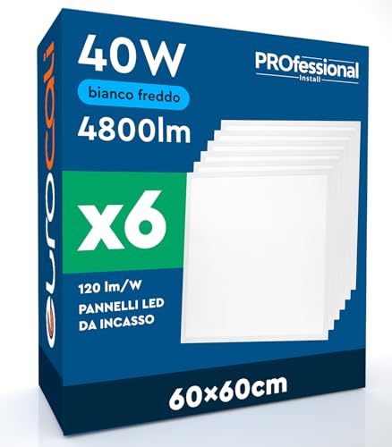 6 Pannelli LED 60x60 40W Quadrati da Incasso 4800 lumen con Driver Philips - Luce Fredda 6500K - Plafoniera da Ufficio ad Alta Luminosità 120 lm/W Lampada da Soffitto per Controsoffitti Modulari