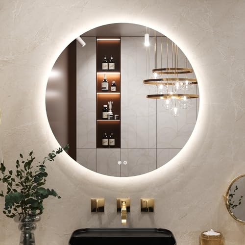 Keonjinn Round Bathroom Mirror with LED Lights, 80cm Illuminated Light Up Bathroom Mirror with Backlit Light, Anti-Fog Wall Mounted Vanity Mirrors 3 Colors Dimmable, Memory Function