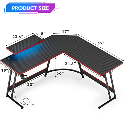 Shahoo Computer Desk 51 Inch L Shaped Table, Carbon Fiber Surface Desktop, With Led Monitor Stand, Cup Holder & Headphone Hook, 50.5 Inch, Black #TOP2