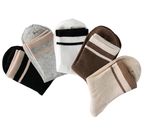 Image of Deeorla Womens Striped Crew Socks Brown Vintage Retro Athletic Socks 5 Pairs