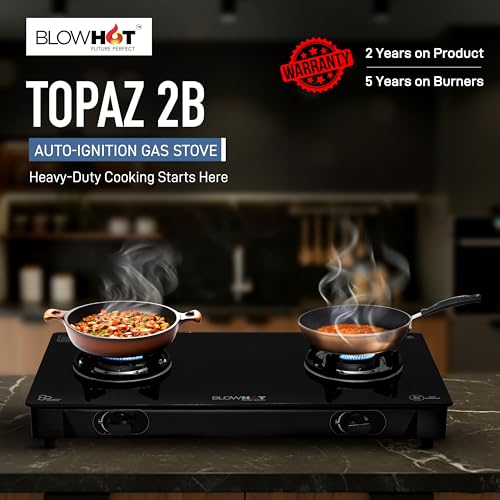 Image of BLOWHOT 2 Burner Auto Ignition PREMIUM Gas Stove | Coated Forged Indian Burners | Stainless Steel Dip Tray - 2 Year General Warranty - (5 Years On Burners Gas Valve and Glass) - Topaz