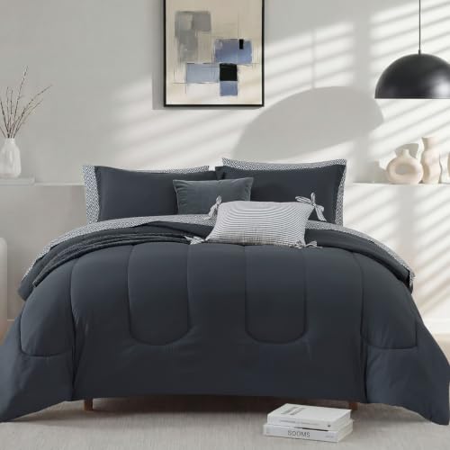 Image of Monbix Full Size Comforter Set - 7 Pieces Bed in a Bag Full, Blue Grey Track Stitching Bedding Sets, All Seasons Comforter Bed Set with Sheets, Pillowcases & Shams
