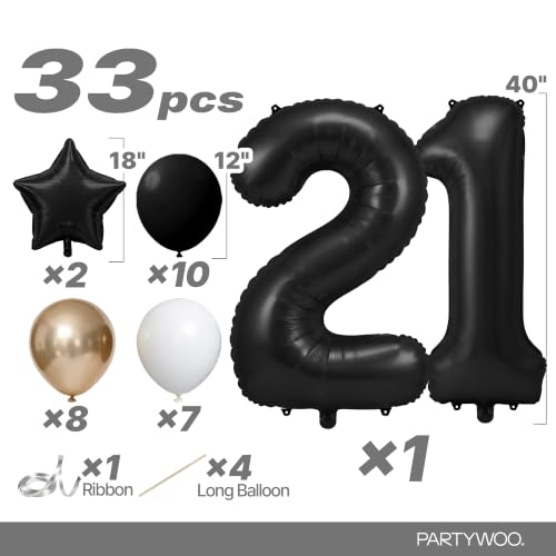 Image of PartyWoo Black Number 21 Balloon 40 Inch 25pcs Black Foil Star White Gold