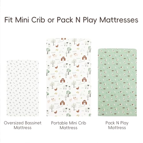 Image of david's kids 3 Pack Mini Crib Sheets, Soft Breathable Premium Pack N Play Sheets for Baby Boys Girls Neutral, Playard and Mini Crib Mattresses, Farm