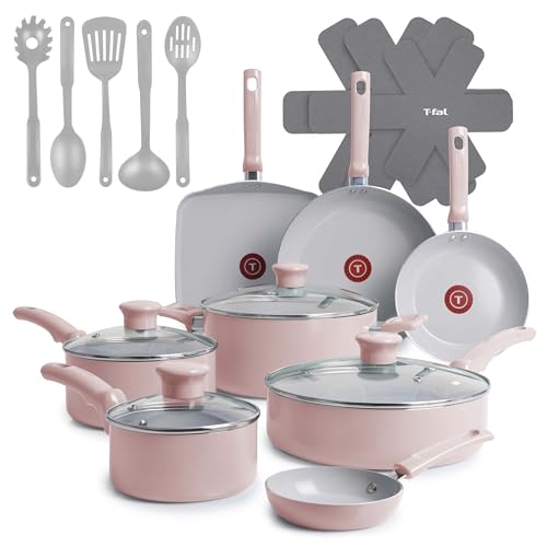Image of T-Fal Refresh Ceramic Pots and Pans Set, Nonstick Cookware, 20-Piece, Oven Safe to 350F, Ceramic Cookware Set, Stockpot, Griddle, Frying Pans, Utensils, Dusty Rose