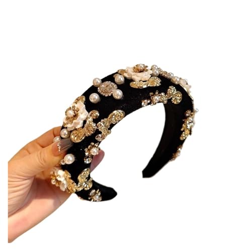 Serre-tête baroque en velours noir rembourré avec strass éclatants pour coiffure femme